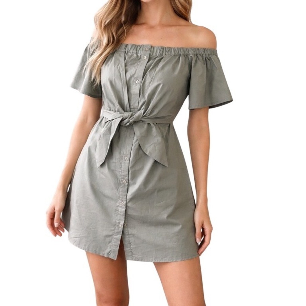 NWT‎ Lost in Lunar Olive Green Off Shoulder Cotton Tie Waist Mini Dress Large